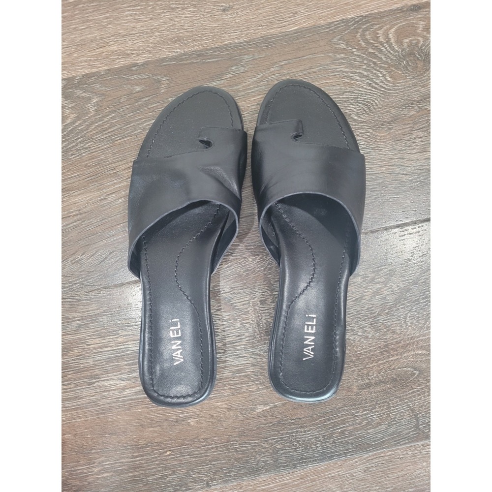 Vaneli Black Leather Toe Loop Slide Sandals Flat Minimalist Slip On Shoes 10N #2